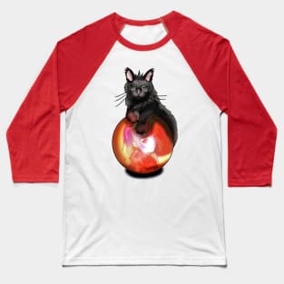 Black fluffy cat on a red glow crystal ball Baseball T-Shirt